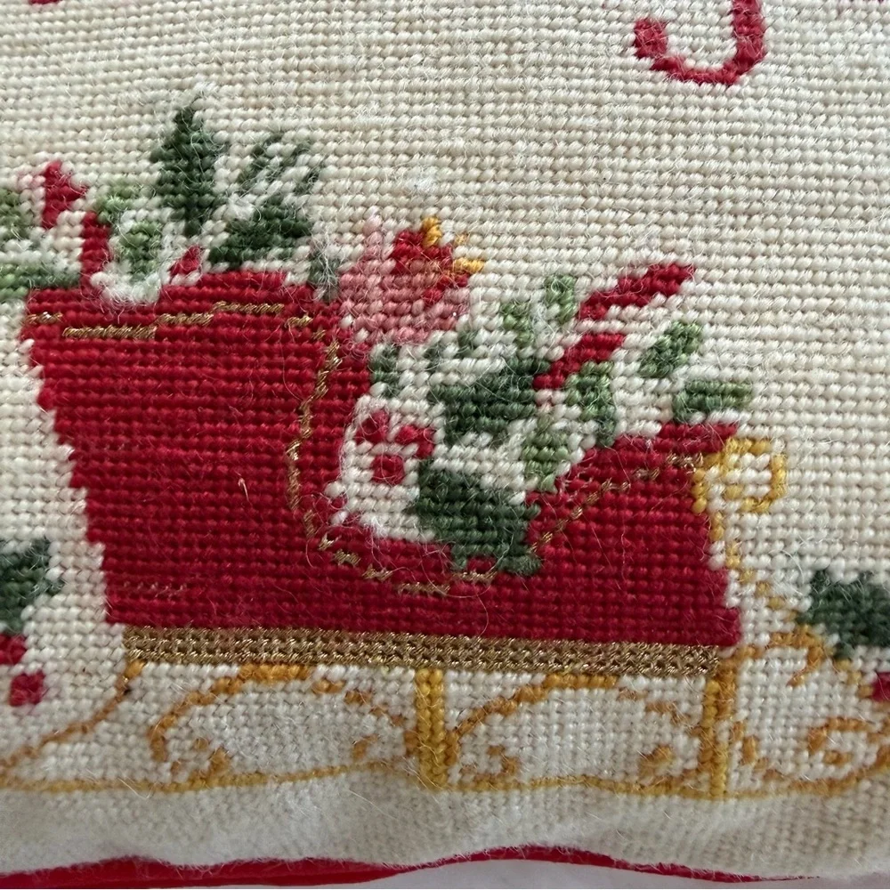 Vintage Needlepoint Pillow “Happy Holidays” Christmas Floral Red Velvet 13” x 12